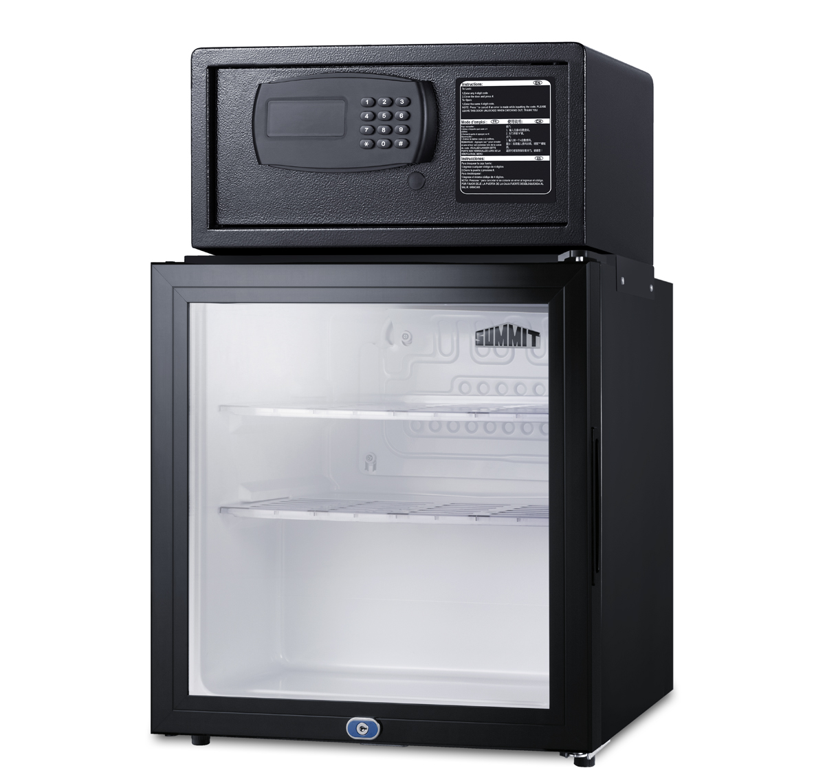 Compact minibar with front lock and glass door with an in-room hotel safe in black with digital keypad lock
